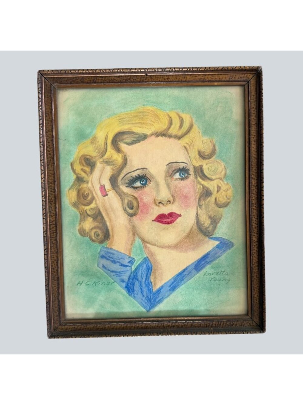 Vintage Original Artwork Portrait Loretta Young by H.C. Kiner Art Deco MCM